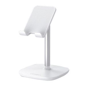 Soporte para Telefono Celular & Tablet / Ajustable de 5° a 45° / Base Antideslizante / Proteccion de Silicona / ABS / Amplia Compatibilidad con dispositivos de 4'' a 7.9'' / Color Blanco