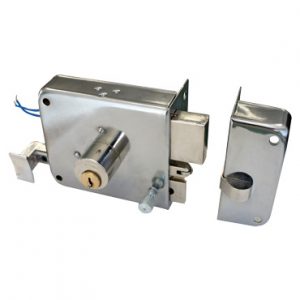 Cerradura eléctrica derecha con cerrojo y manija.