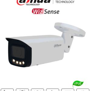 DAHUA DH-IPC-HFW5449T-ASE-LED - Cámara IP Bullet Full Color de 4 Megapixeles/ Lente de 2.8 mm/ 60 Metros de Iluminación/ Micrófono Integrado/ Detección Facial/ Conteo de Personas/ Protección Perimetral/ ePoE/ IP67/ E&S de Alarma/ Ranura para Micro SD