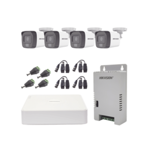 Hikvision Kit TURBOHD 1080p / DVR 4 Canales / 4 Cámaras con Micrófono Integrado y 101° Visión / Luz Blanca + IR Visión Nocturna / Transceptores / Conectores / Fuente de Poder Profesional Compacta