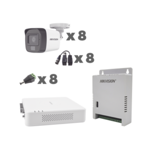 Hikvision KIT TurboHD 1080p / DVR 8 Canales con audio por coaxitron / 8 Cámaras con Micrófono Integrado 101° Visión/ luz blanca + IR visión nocturna / Transceptores / Conectores / Fuente de Poder Profesional