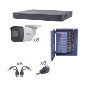 Hikvision KIT TurboHD 1080p / DVR 8 Canales / 8 Cámaras Bala (exterior 2.8 mm) / Transceptores / Conectores / Fuente de Poder Profesional hasta 15 Vcc para Larga Distancia