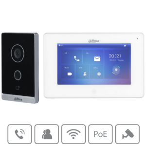 DAHUA KTW01 - Kit de Videoportero WiFi/ Monitor con Pantalla de 7"/ 6 Entradas de Alarmas/ 8 Zonas de Alarma Inalámbricas/ Ranura MicroSD/ Graba y Captura Imágenes/ Camara de 2MP con WDR Real e IR/ Controla 2 Puertas/ Apertura con Tarjeta/