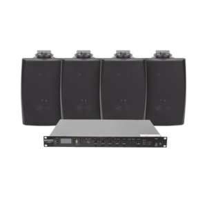 KIT de Amplificador de Audio 120W para Rack | 4 Altavoces de Pared color Negro 2.5W - 20W | Sistema 70/100V