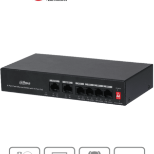 DAHUA PFS3006-4ET-36 - Switch PoE de 6 Puertos Fast Ethernet/4 Puertos PoE 10/100/ 2 Puertos uplink 10/100/ 36 Watts Totales/ Switching 1.2 Gbps/ Tasa de Reenvio de Paquetes .89 Mbps/ con Protección de Descargas/