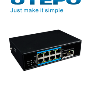 UTEPO UTP7108EPOE - Switch industrial PoE+ de 10 Puertos/ 8 Puertos 10/100 Mbps/ 1 Puerto SFP 1000 Mbps/ 1 Puerto RJ-45 10/100/1000 Mbps/ PoE 120 Watts Totales/ Estándar 802.3af & at/ Hasta 250m de conexión en Modo CCTV/ Montaje en Din Riel