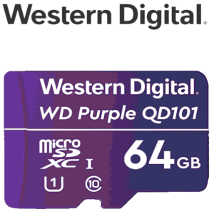 WESTERN WDD064G1P0C- Memoria de 64GB Micro SDXC/ Linea Purple/ Clase 10 U1/ Lectura 50MB/ Escritura 40MB/ Especializada para Videovigilancia
