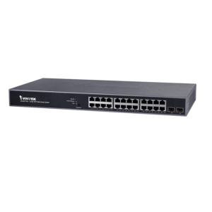 VIVOTEK AW-GEV-264B-370 - Switch PoE Administrable, 24 puertos PoE GE RJ45, 2 Puertos GE SFP, 30W por puerto, 370W Totales, VIVOCAM WEB Smart, 52Gbps, NDAA, Proteccion 6KV