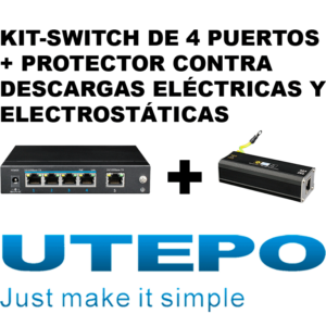 KIT- Switch UTEPO con protector contra descargas eléctricas y electrostáticas/ Switch PoE de 5 Puertos Fast Ethernet/ 4 Puertos PoE/ 60 Watts Totales/802.3af & at/ No administrable/Protector de descargas eléctricas y electrostáticas para equipos de red
